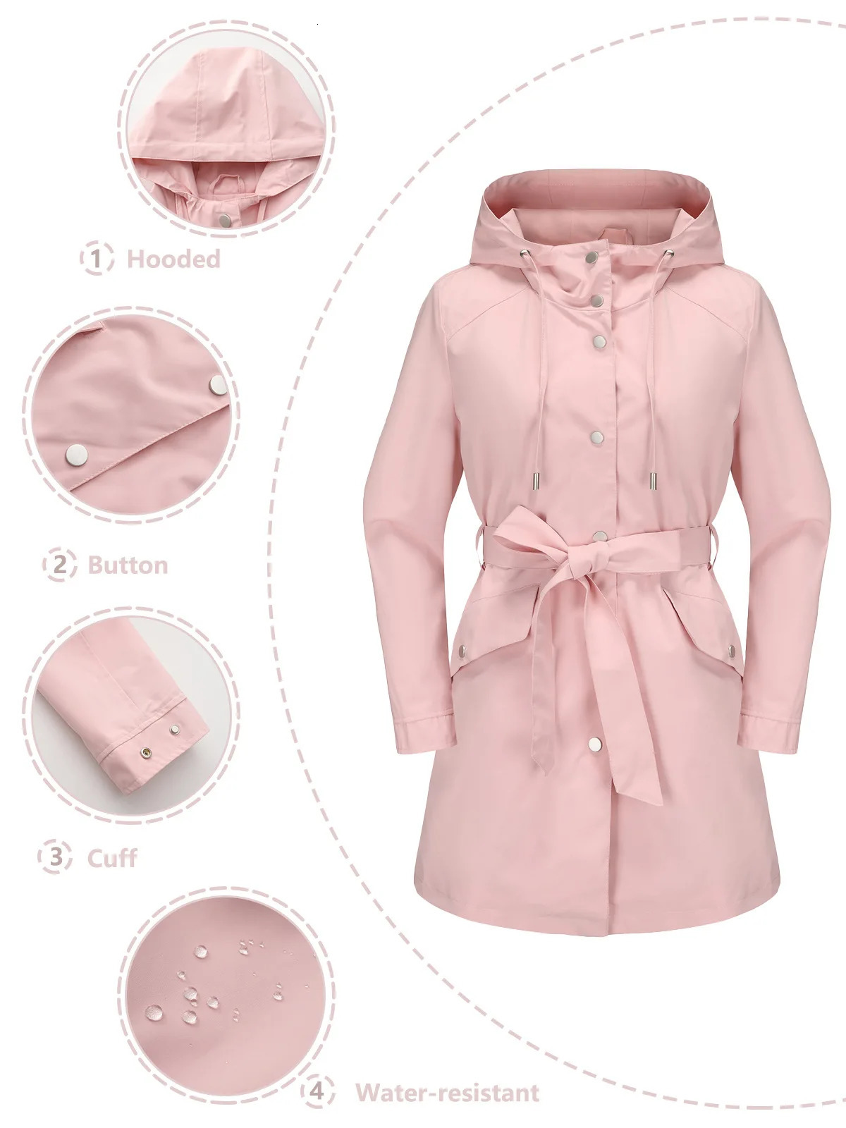 Spring and autumn hooded waterproof jacket with thin waistband casual loose trench coat womens windproof 250409