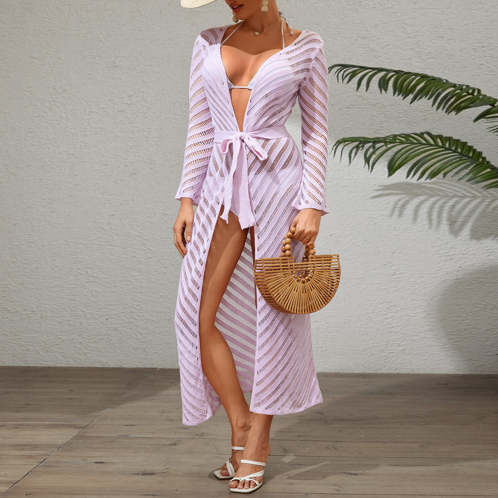 2025 womens mesh transparent hollow chest wrapped long sleeved top casual suit womens dress
