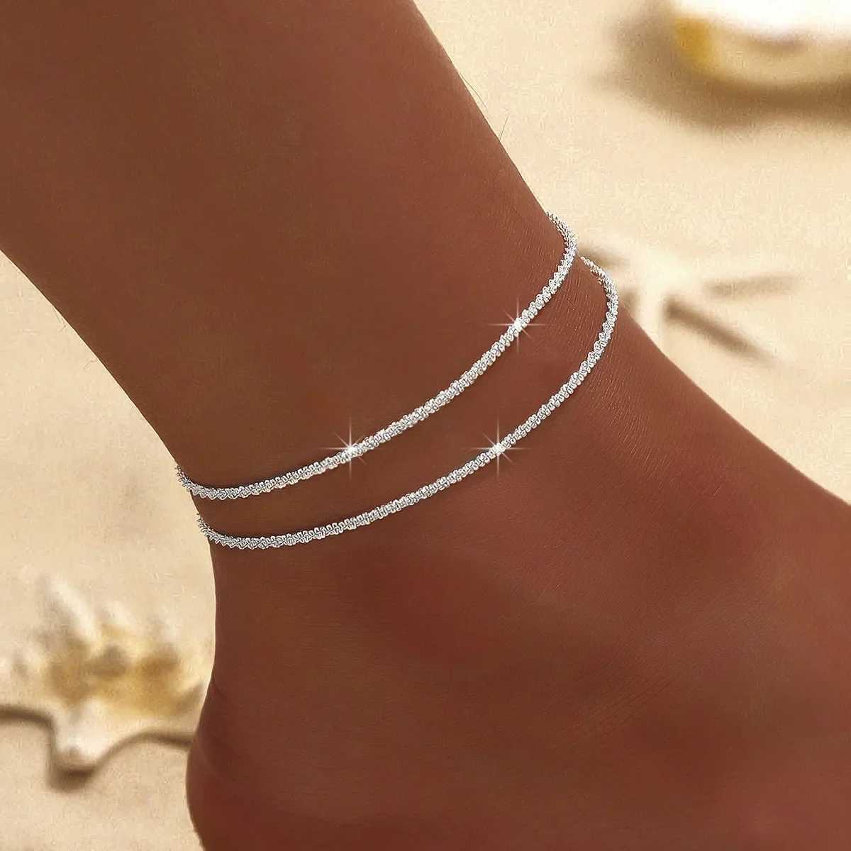 LATS Shiny Sparkling Simple Anklet for Women Gold Silver Color Elegant Jewelry Female Beach Ankle Bracelet on Foot Party Gift Z250408