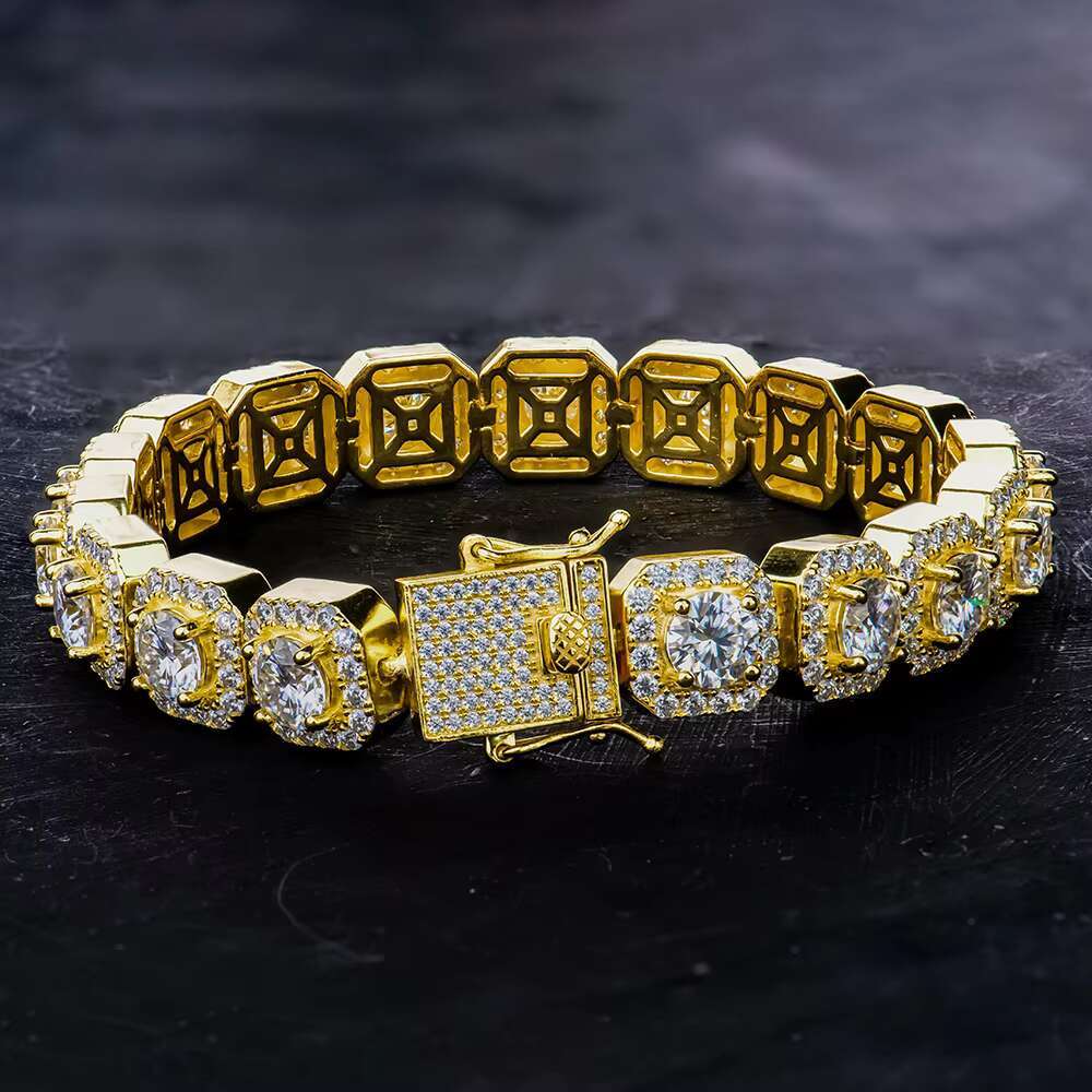 2024 Fine Jewelry Hip Hop Big Diamond Moissanite Yellow White square Shape Clustered Cuban Chain Bracelet Bangle 925 Silver