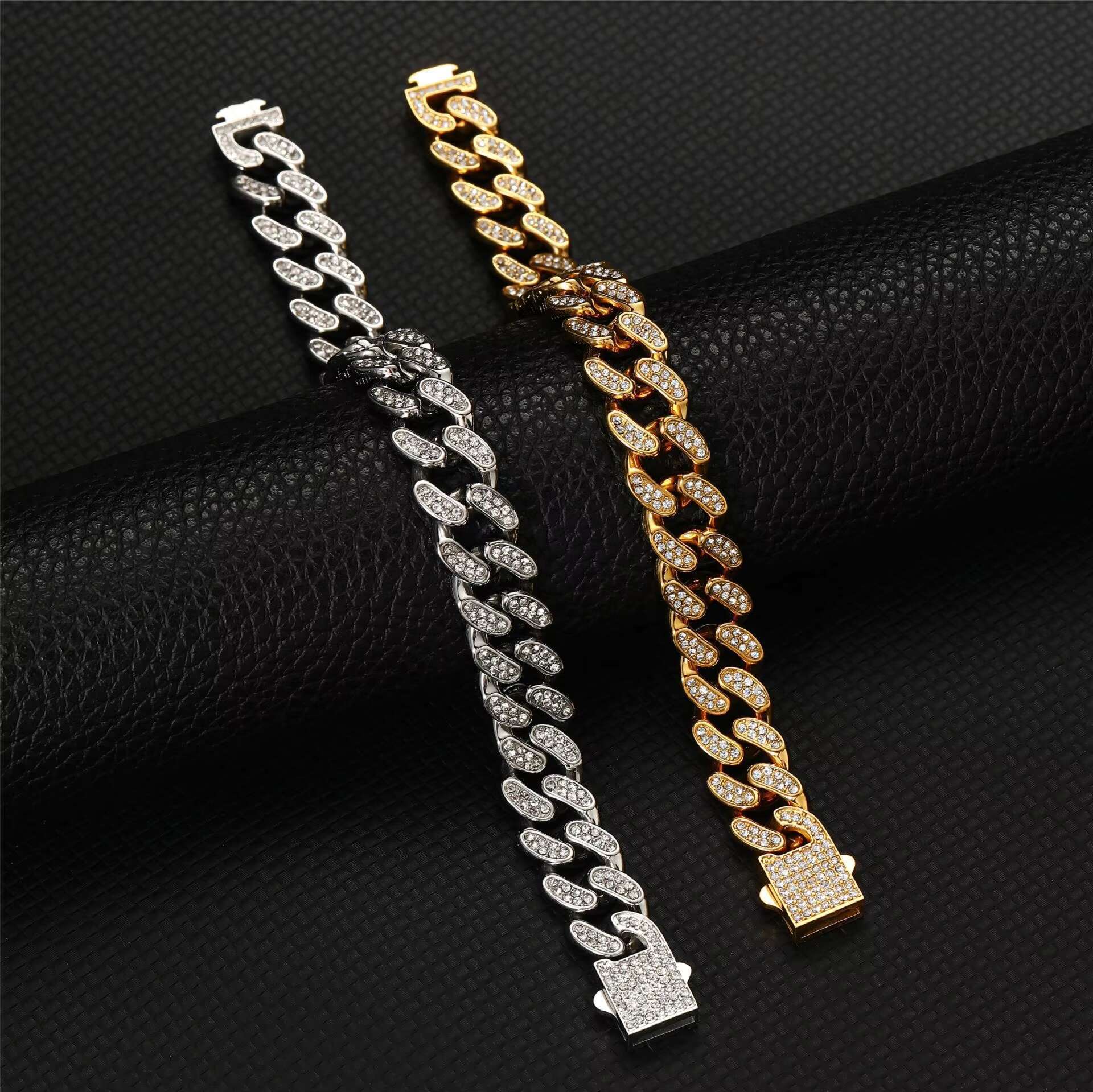Chunky Gold PVD Men Stainless Steel Thick Iced Out Full Stone Bling Jewelry Schmuck Cuban Link Chain Necklace for Men Armband