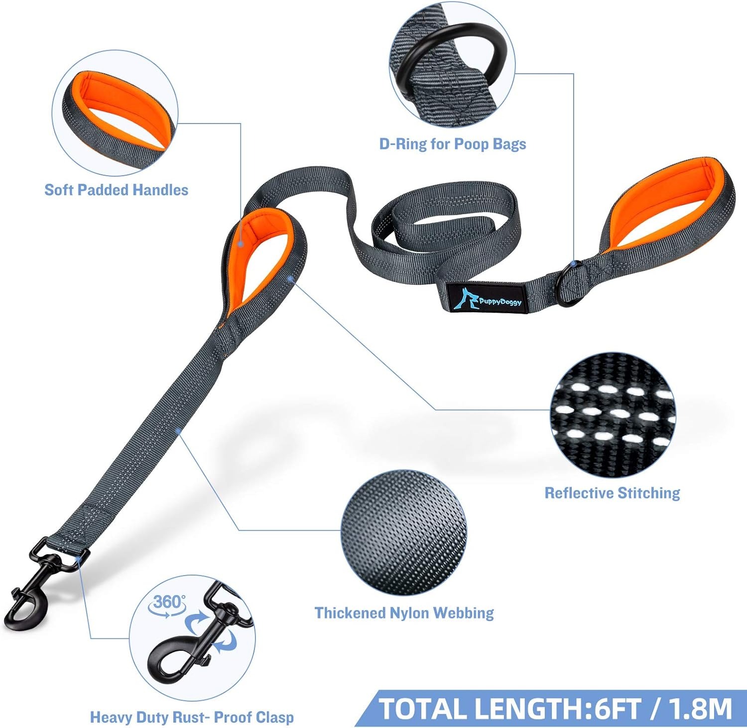 PuppyDoggy 6FT Reflective Dog Leash for Large Medium Dogs Heavy Duty Training Lead with 2 Padded Handles for Running Walking Pet Leash Orange 1 Pack