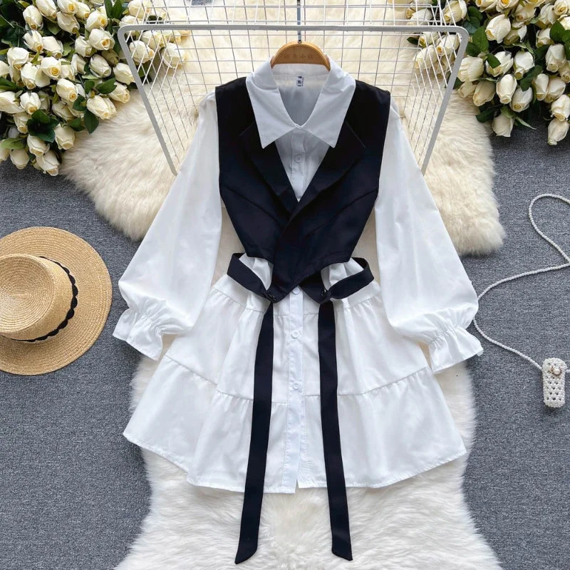Korean style womens clothing springsummer long sleeved polo neck office ladies elegant twopiece shirt set 250409