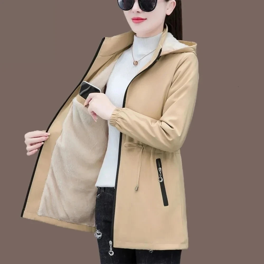 Autumn Winter Jacket Womens Windproof Velvet Warm Medium Length Hooded Trench Coat Korean Top High Quality 5XL 250409