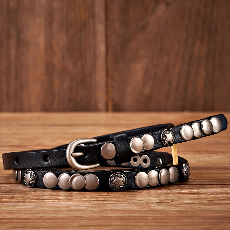 1CM Female Belt Skirt Dress Rivet Belt Real Genuine Leather Punck Decoration Thin Strap Women Belts For Jeans 250403
