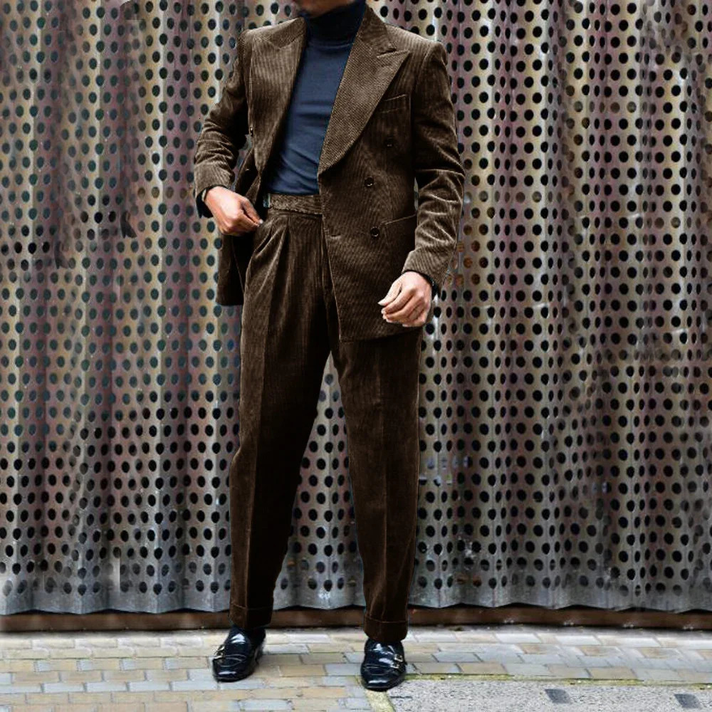 Mens Corduroy Suit Lapel 2 Piece Jacket Pants Double Breasted Party Casual Mens Wedding Outfit Full Suit 250408