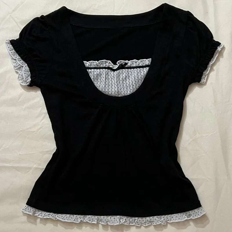 Korean Kawaii Patchwork Women T-shirt Y2K Aesthetic Vintage Milkmaid Fairycore Grunge Square Collar Short Sleeve Crop Top