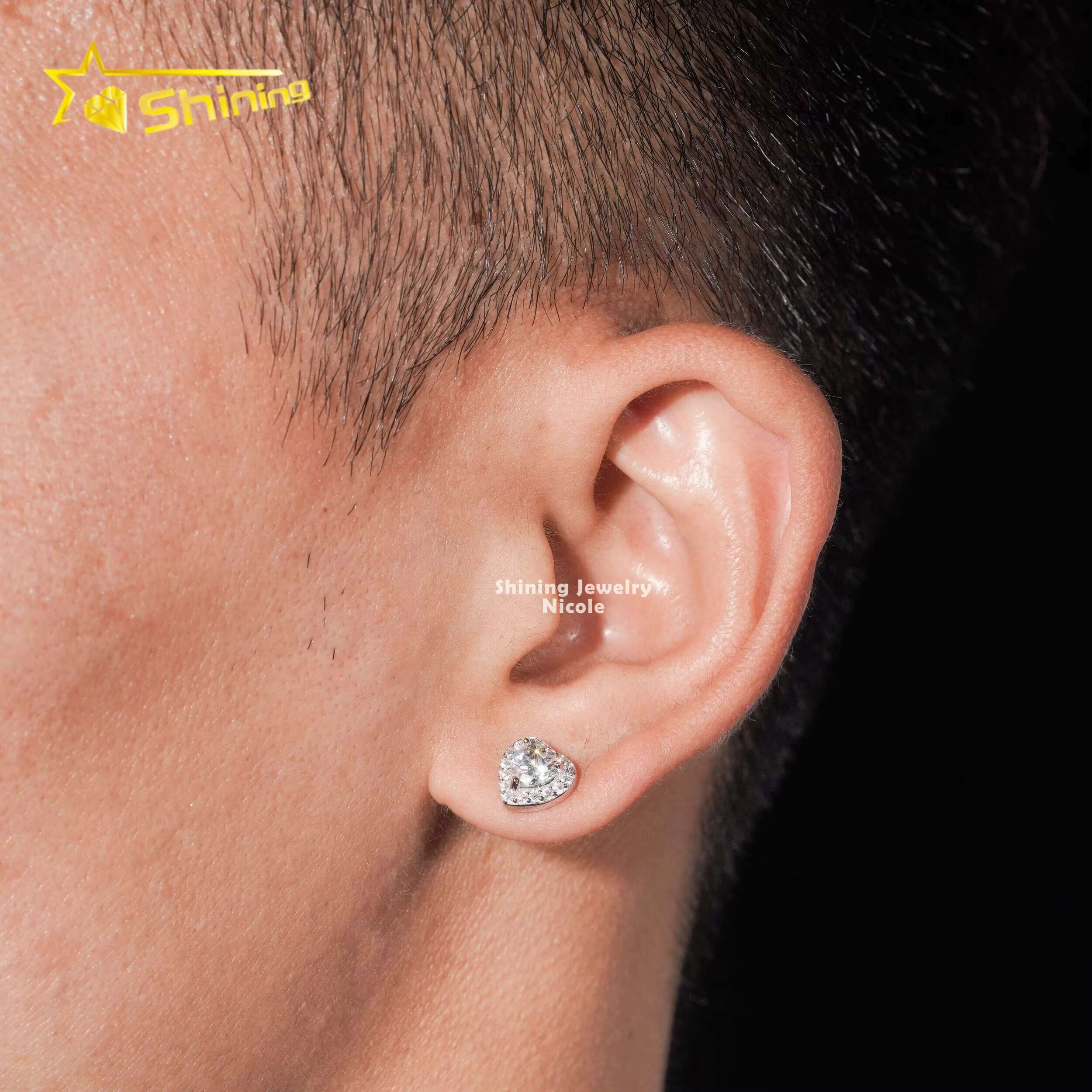Hip Hop Style High Quality Wholesale Price 925 Sterling Silver Moissanite Stud Heart Earrings
