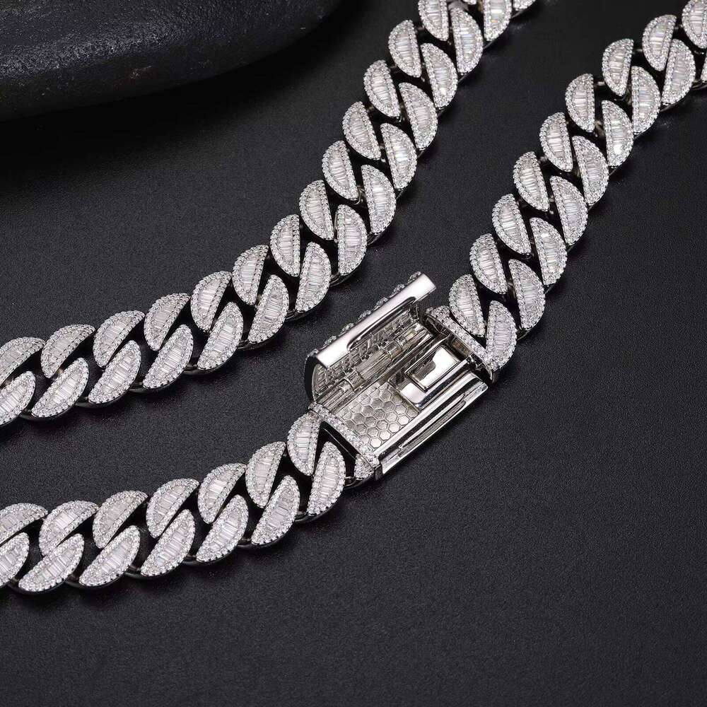 New Hip-Hop Men's Jewelry 15mm 925 Sterling Silver VVS Long Stick Moissanite Diamond Iced Cuban Chain Necklace