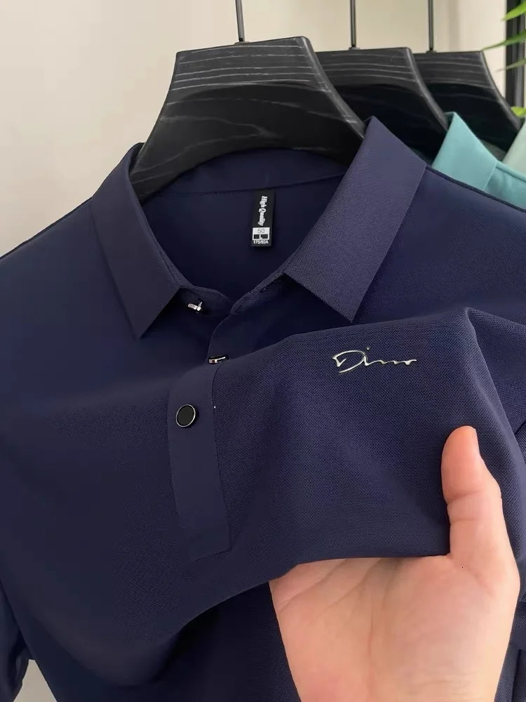 Summer Mens Ice Silk Elastic Golf Polo Shirt Custom Relief Short Sleeve Shirt Fashion Business Casual SlimmingTshirt 250407