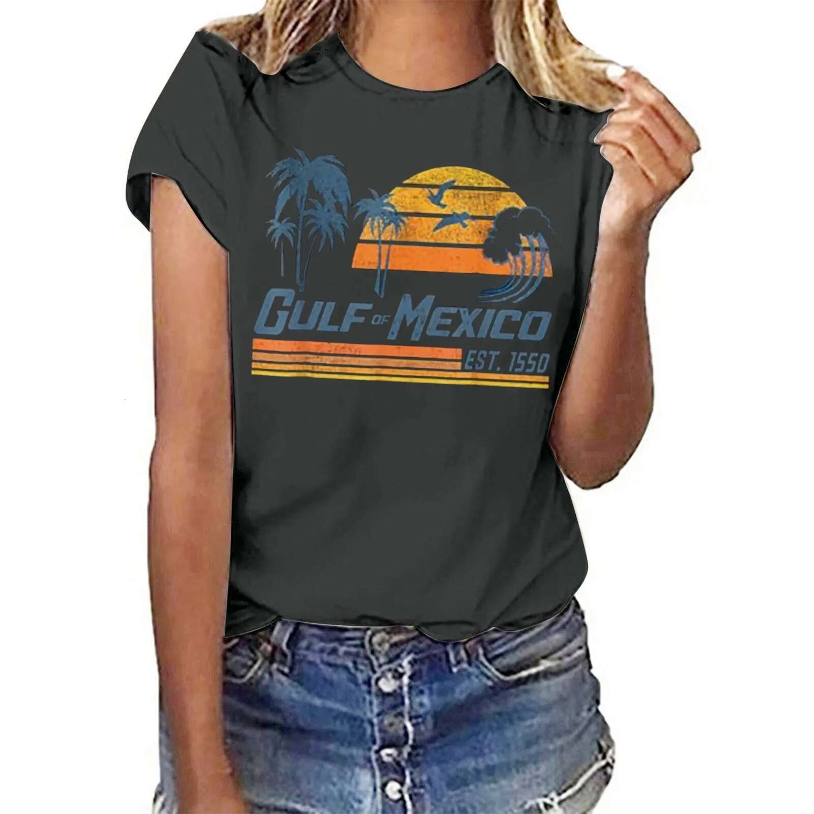 Dongdumaoyi Gulf Of Mexico Est T Shirt For Women Printed Shirts S Letter Print Round Neck Short Sleeve Top Summer Shirt