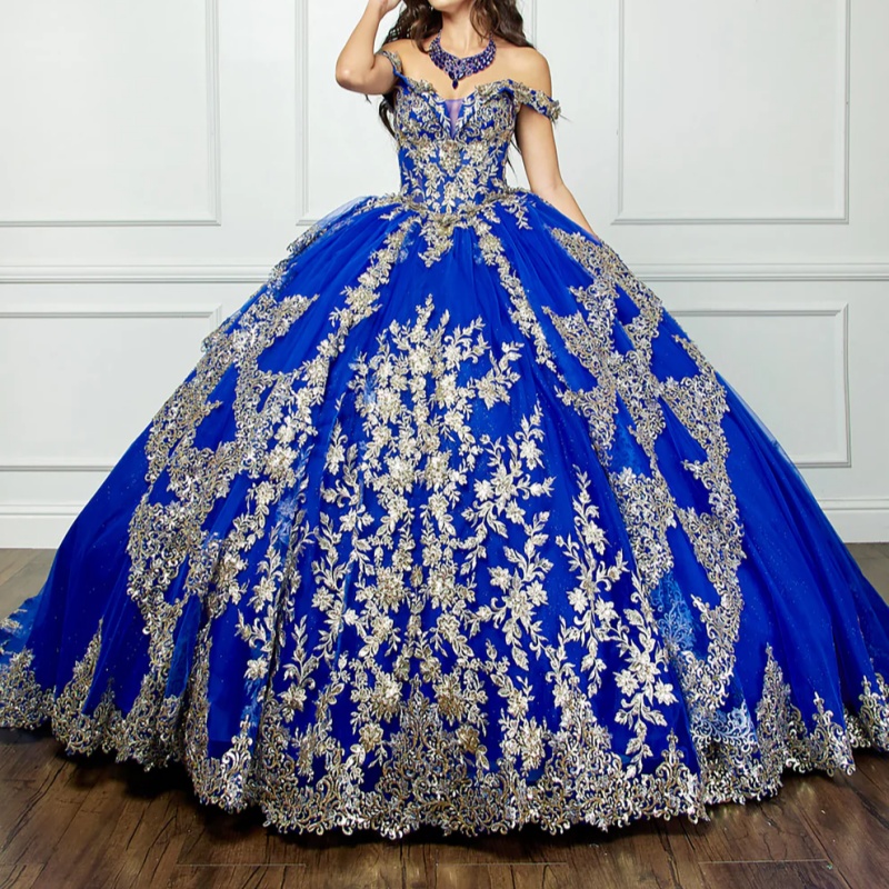 Royal Blue Shiny Princess Quinceanera Dresses Off Shoulder Applique Lace Beads Tull Sweet 16 Dress Ball Gown Vestidos 15 De Anos