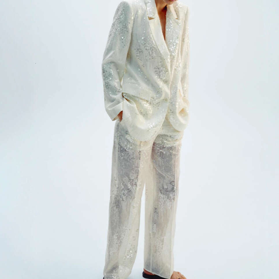 Fashion Women's Sequin Blouse Suit Jacket Coat Long Pants Elegant Commuter Versatile Set for Women