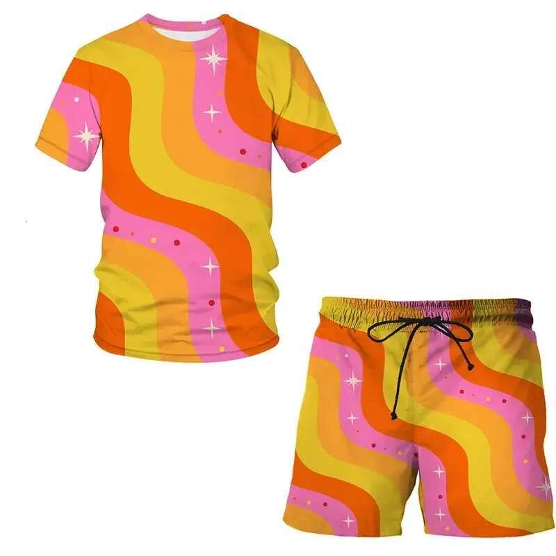 Summer New Men's Sets Casual Short Sleeve Fun 3D Printing Graffiti Art Painting Pattern O-Neck T-Shirt Shorts Two Piece Set