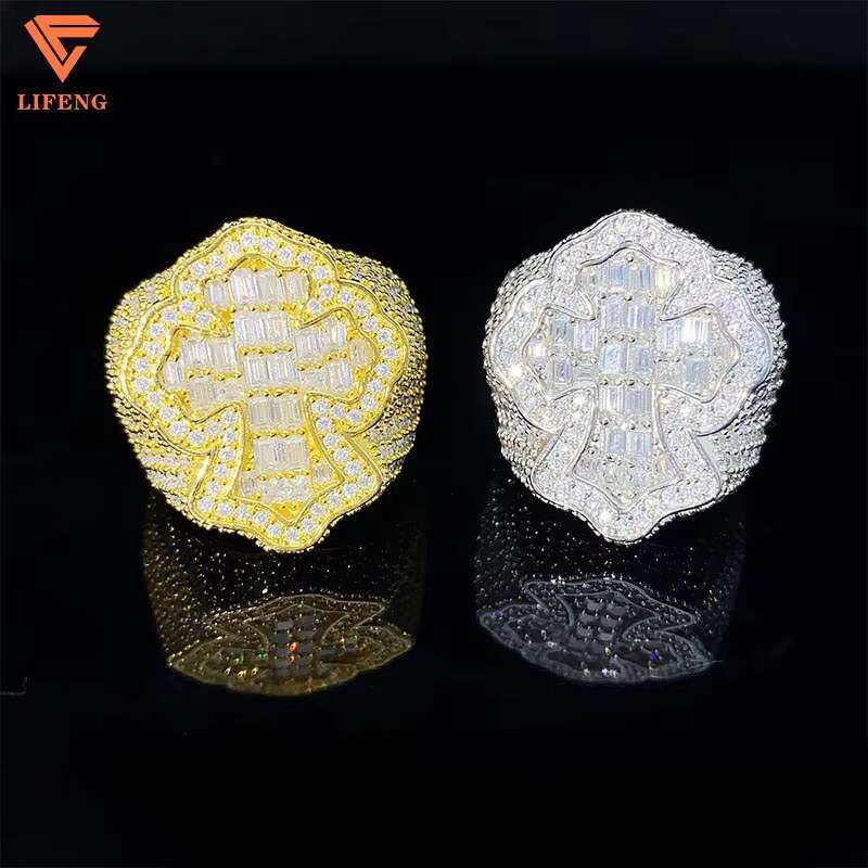 Lifeng Jewelry Full Baguette Moissanite Cross Ring Soild 925 Silver Gold Platinum Plated Diamond Ring for Men