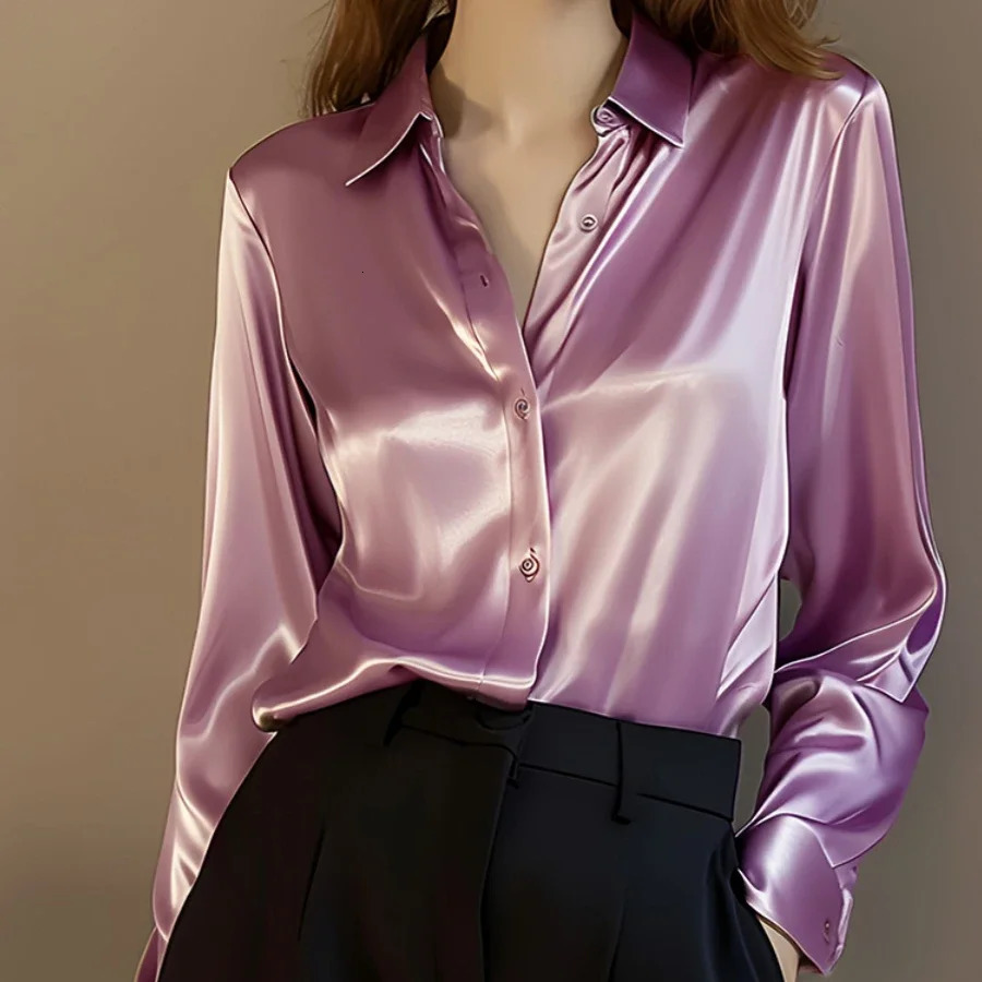POCZCIY Autumn Fashion Womens Casual Elegant Satin Long Sleeve Shirt Office and Tight Clothing 250409
