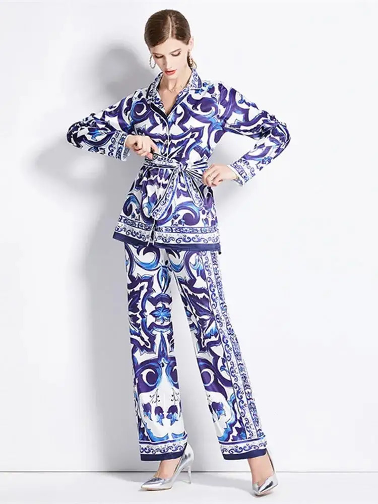 Women Notched Belt Shirt Top Elastic Waist Wide Leg Pant Suits Autumn Runway Red Blue and White Porcelain Silk Two Piece Set 250408
