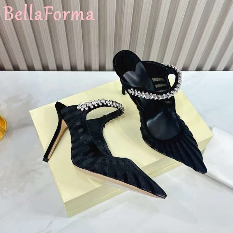 Women's Mesh Chain Rhie High Heels Striped Leopard Veet Ing Translucent Mature Banquet Sgback Slippers