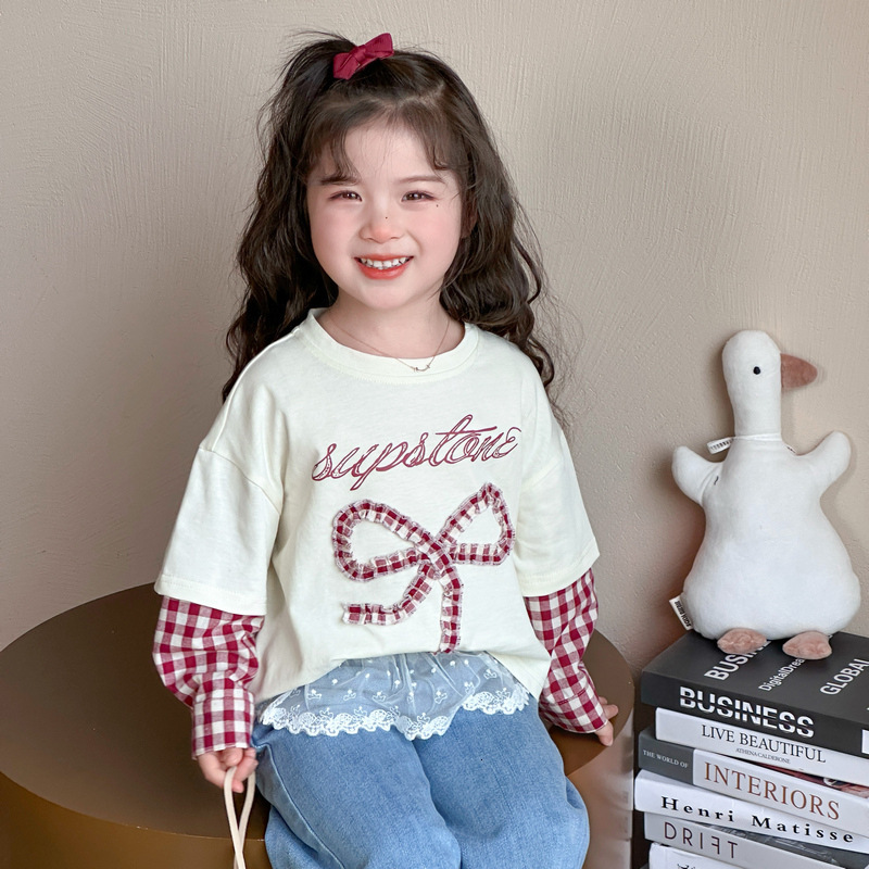 Ddmyshoesvip Bow Fake Two Piece T Shirt Spring Autumn Edition New Fashionable Little Girl S Western Style Bottom Shirt For Middle And Small Children