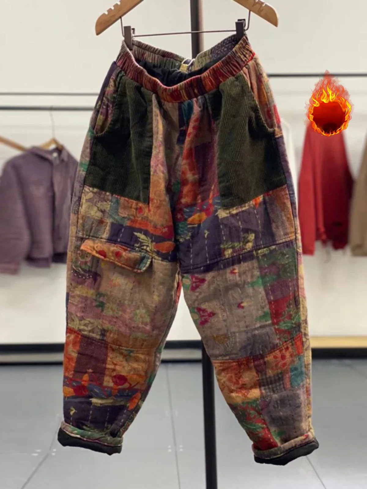 Ethnic Style Fashion Patchwork Print Cotton Padded Warm Women Harem Pants Vintage Elastic Waist Multi Pockets All-Match Trousers 250408