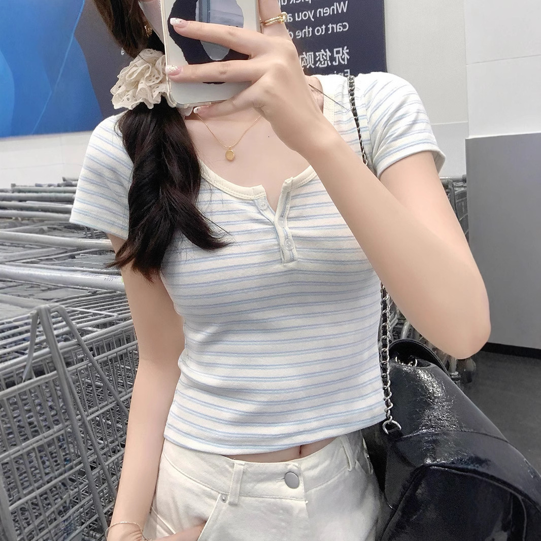 2025S Designer Women S T Shirt Shoulder Striped Sleeved T Shirt For Women In Summer New Semi Open Collar Slim Fit And Slimming Student Short Top