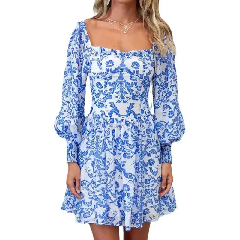 Womens SpringSummer Square Collar Printed Country Style Long Sleeve Mini Dress Suitable for European and American Women 250409