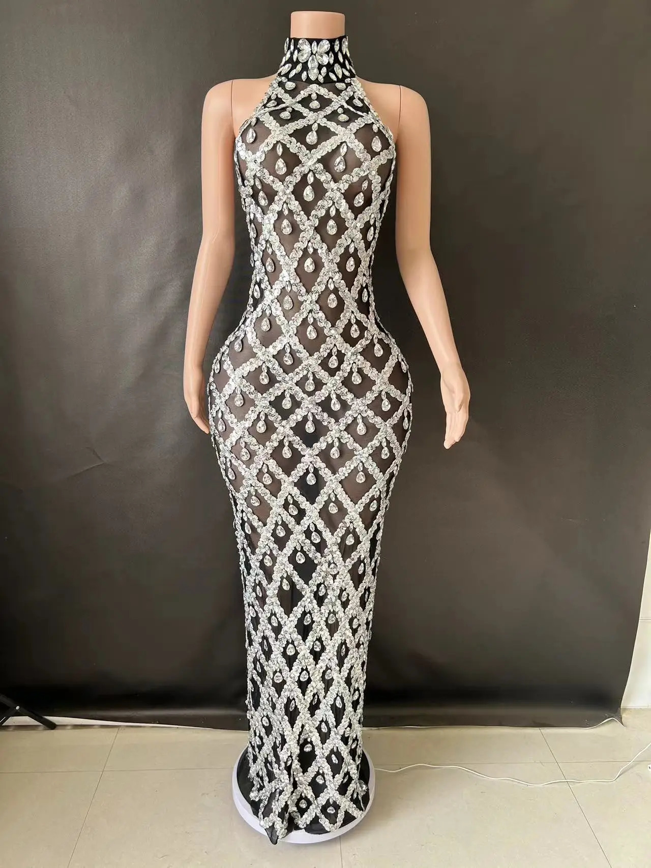 Womens sexy stage sparkling rhinestone sequin dress evening dance party birthday transparent performance singer club host 7G 250409