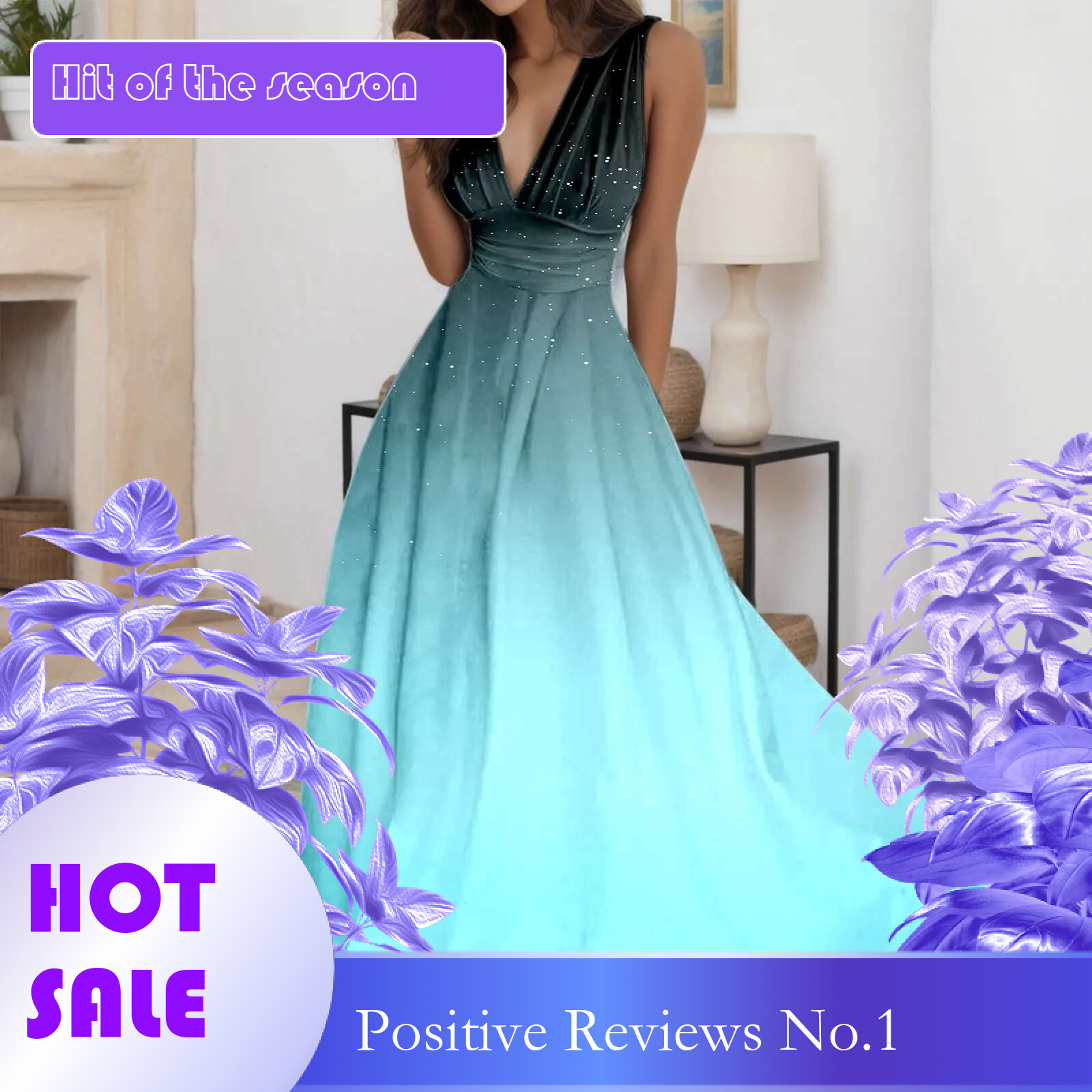 Dongdumaoyi Women Large Swing Gradient Color Long Dress Beach High Waist A Line Summer Deep V Neck Sleeveless Flowy Casual Maxi