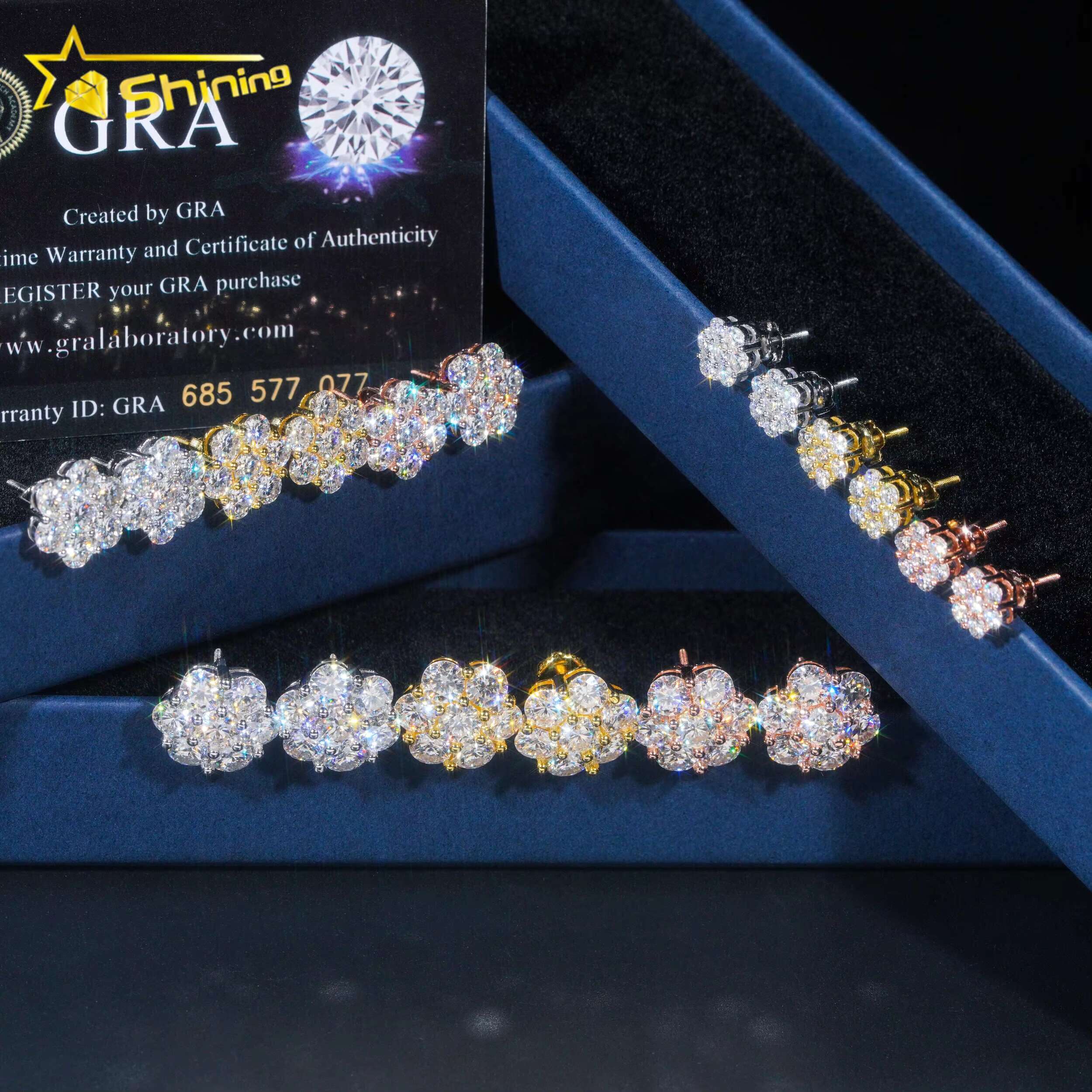 Ready to Ship Hip Hop Style Pass Diamond Tester 925 Silver Gold Plated VVS Diamond Moissanite Flower Stud Earrings Cluster