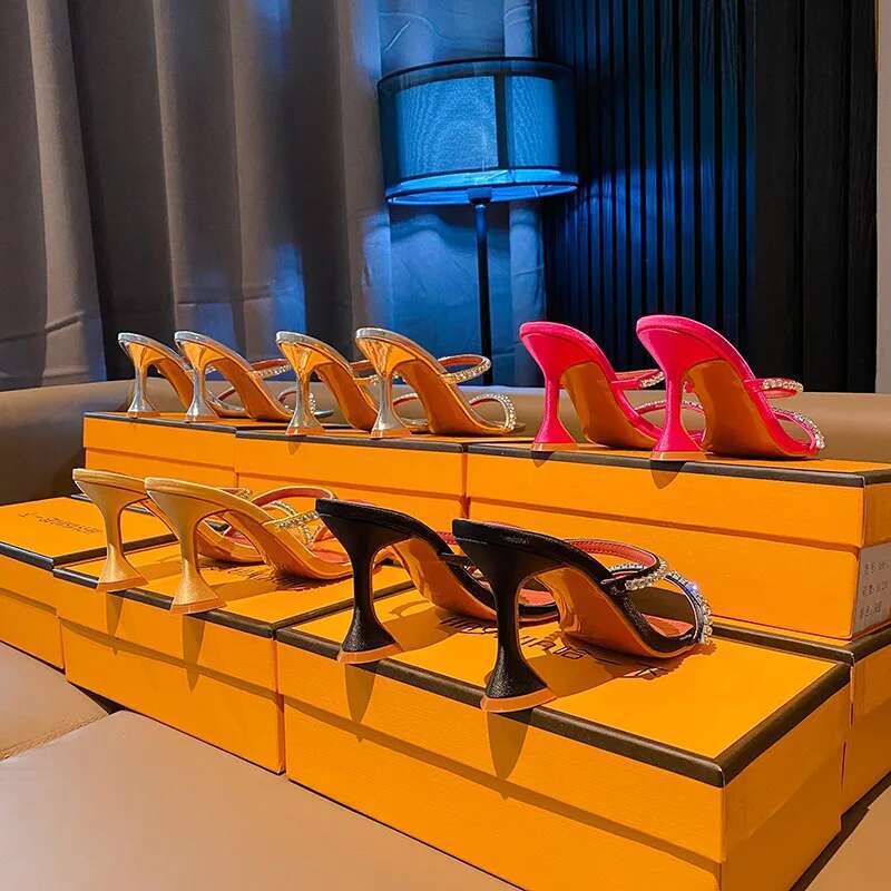 Big Size Glitter Slides High-Heeled Shoes Lady Square Toe Ladies' Slippers Jelly Thin PU Crystal Fretwork Rubber Scandals