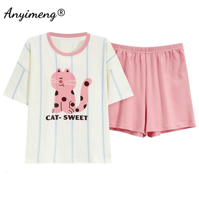 M4XL 100% pure cotton womens pajamas summer cartoon printed plus size short sleeved casual wear 250409