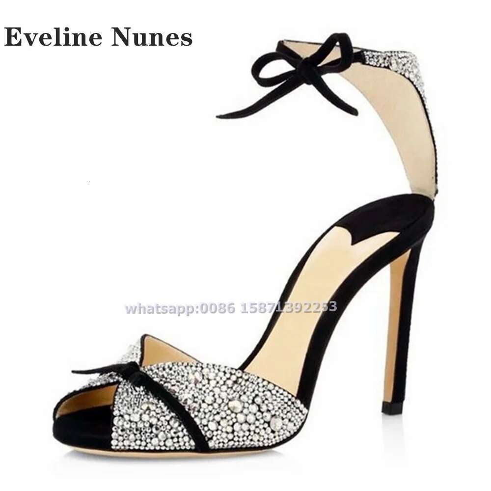 Bow Rhie Ankle Strap Sandals Peep Toe Stiletto Side Air Sexy Women Party Heels Shiny Dress Shoes 2024 Summer Trend