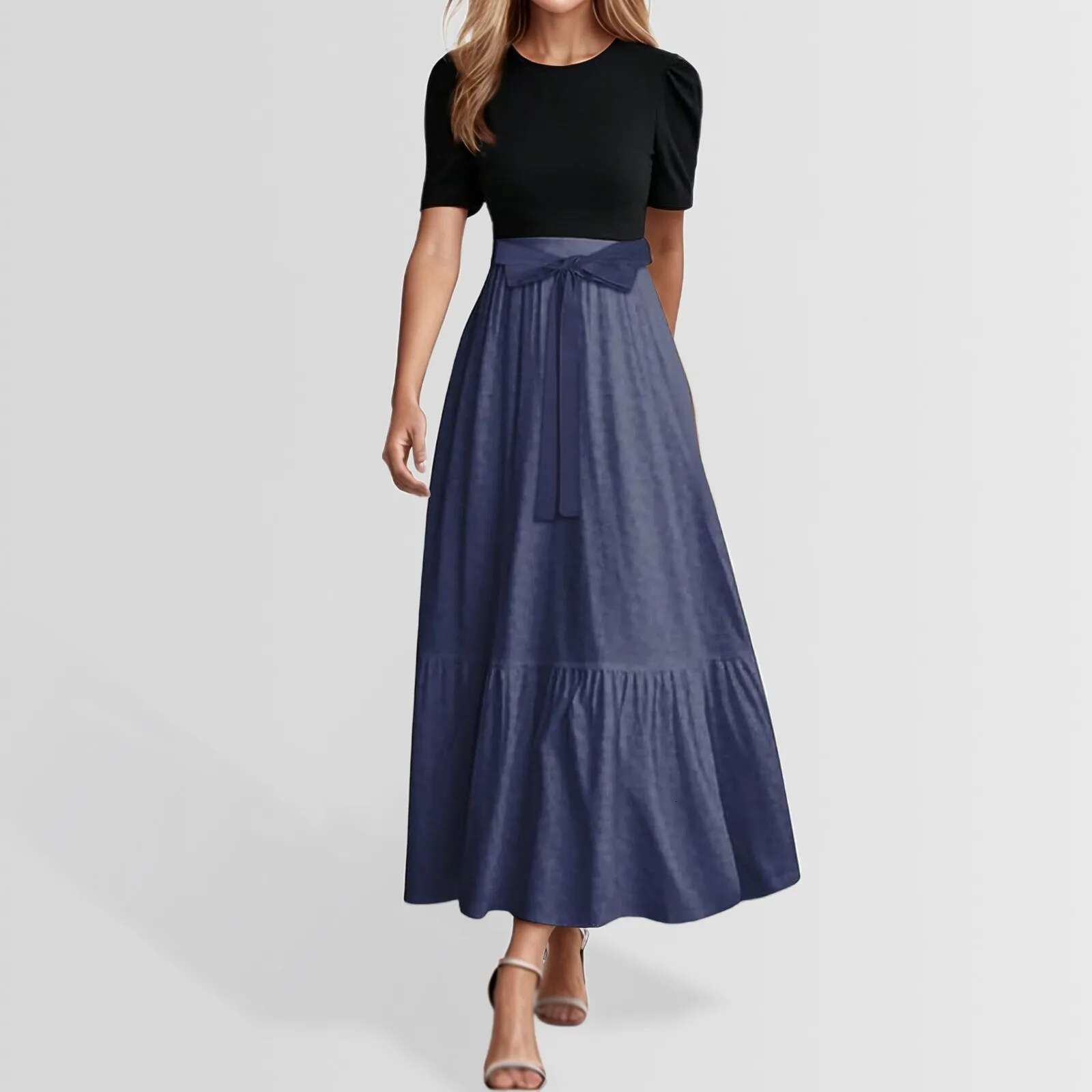 Dongdumaoyi Women S Fashion Casual Belted Short Sleeve Round Neck Geometric Splicing Elegant Spring Summer Temperament Fashionable Dresses