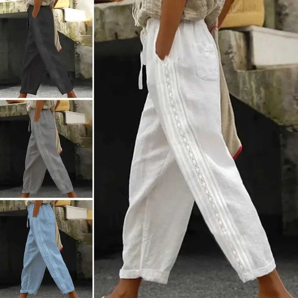 Casual bag wide leg pants loose white Drstring high waisted streetwear cotton linen pants womens straight leg pantsXJ250403
