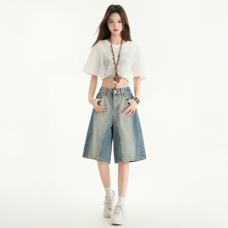2025S Women s Designer Shorts American High Waisted Five Quarter Pants Summer New Straight Leg Loose Fit Wide Leg Mid Length Pants Hot Pants Beach Pan