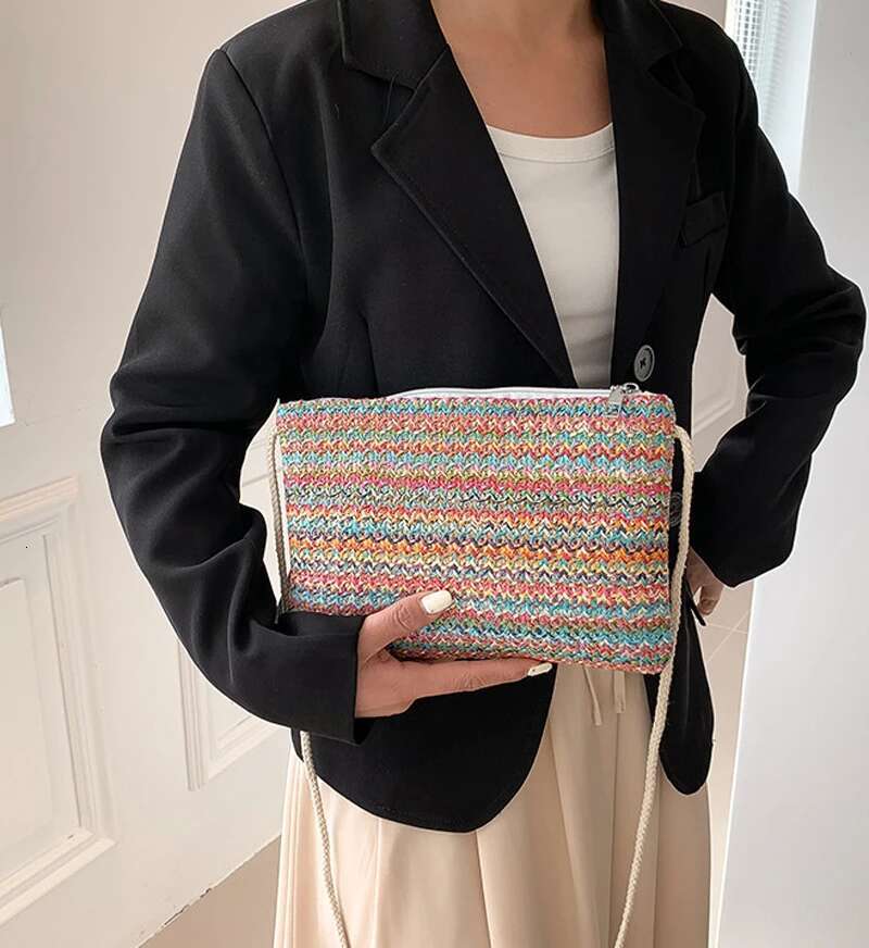 5Pcs Shoulder Bags Women Straw Colorful Square Large Capacity Beach Crossbody Bag Mix Color