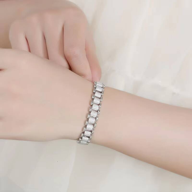 QYT Jewelry S925 Sterling Silver Moissanite Watch Chain Bracelet Men and Women Couple Diamond Cross-border Bracelet