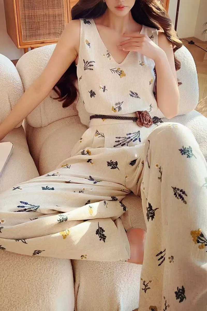 Spring Linen Embroidered Pants Womens Pants Casual Empire Leg Belt Floor Length Trousers Y2K 2025 New DABUWA DM2ATR012XJ250403
