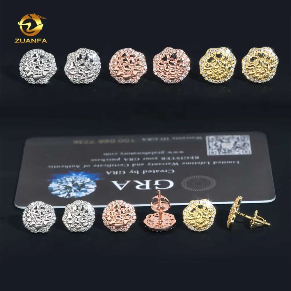 New Arrivals Hip Hop Gold Plated GRA Certificate Nugget 925 Sterling Silver Men Moissanite Earrings