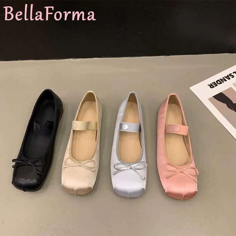 Ballet Style Mary Jane Women's Flats Bow-Knot Elastic Band Sweet Leisure Dating Dress Silk Square Toe Soft Single Shoes Spring
