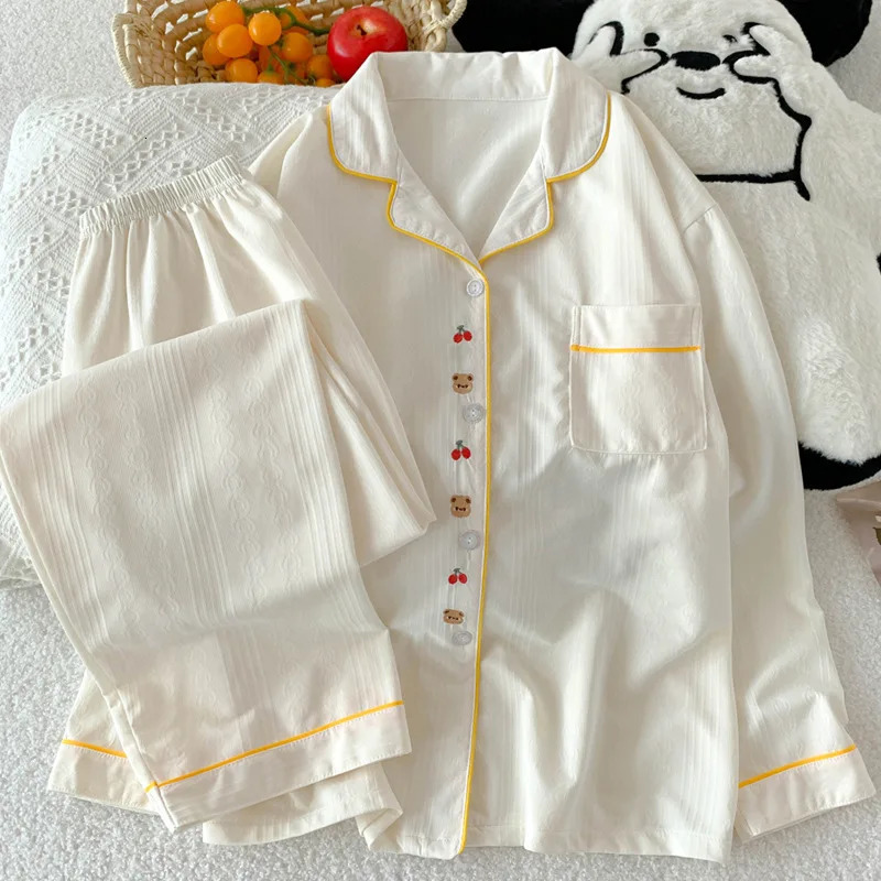 SpringSummer Womens Korean ed Cartoon Solid Color Jacquard Pajamas Girls Long Sleeve Casual 250409