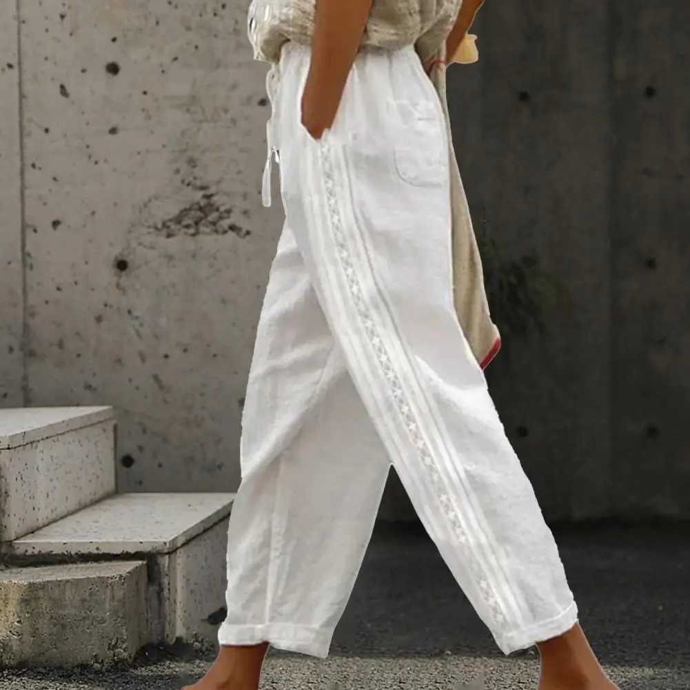 Casual bag wide leg pants loose white Drstring high waisted streetwear cotton linen pants womens straight leg pantsXJ250403
