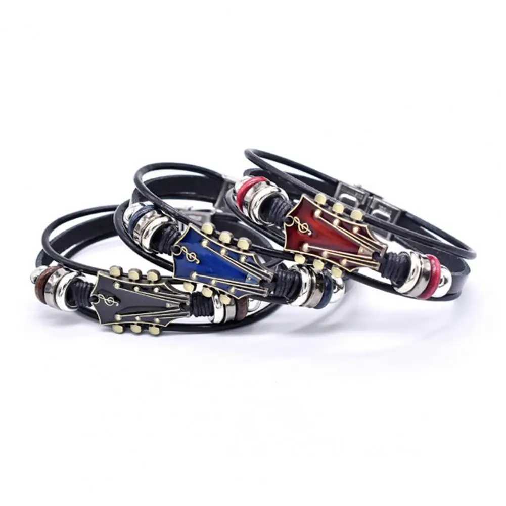 Braided Guitar Bracelet Zinc Alloy Adjustable Buckle Manual Woven Faux Leather 3-layered Retro Punk Wrist JewelryC250408