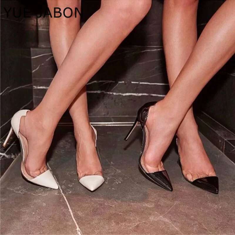 BlACK White Pointed Toe Clear PVC hot High Heel Pumps 12CM 10CM 8CM Stiletto Heels Nude Mixed-color Patchwork Wedding Shoes