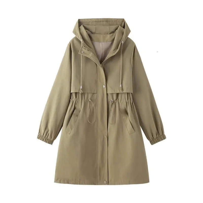 Spring and summer womens zipper windproof cover ultrathin hooded jacket solid color casual medium long trench coat 250409