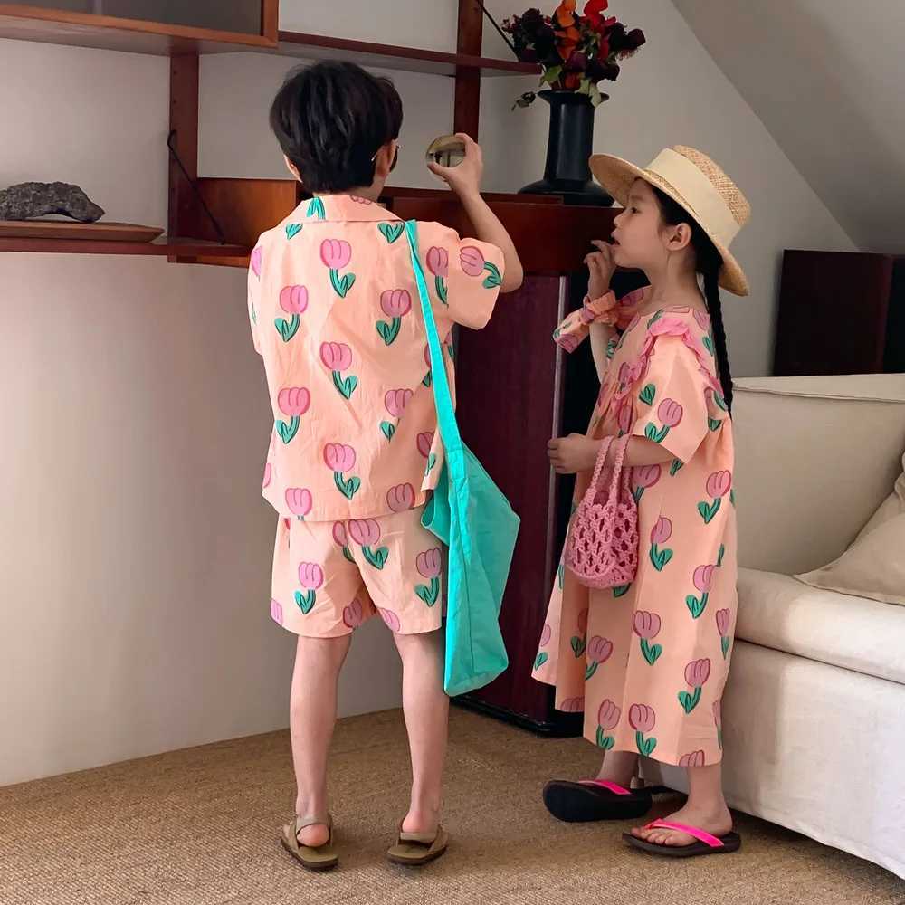 Summer new tulip T-shirt and short sleeved boys comfortable home suit set girls baby sweet pine flower version boutique dress S2548