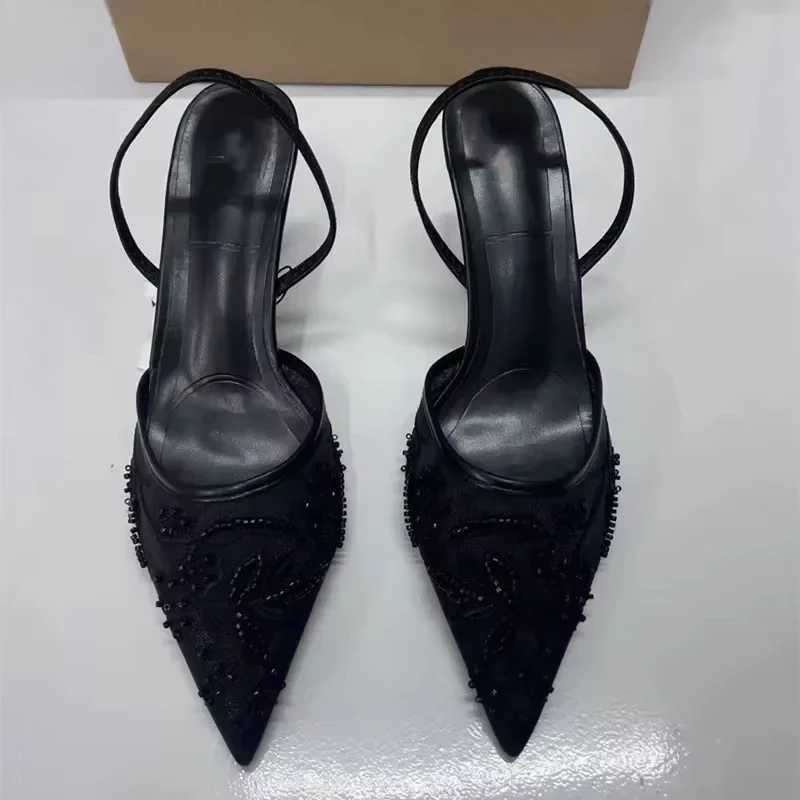 New Arrival 2025 New Black Womens Embroidered Mesh Open High Heels Fashion Printed Stiletto High Heels Womens High Heels Pump Sexy Point Sandals T2504