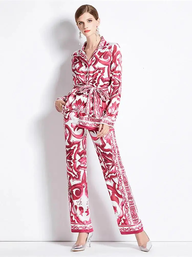 Women Notched Belt Shirt Top Elastic Waist Wide Leg Pant Suits Autumn Runway Red Blue and White Porcelain Silk Two Piece Set 250408