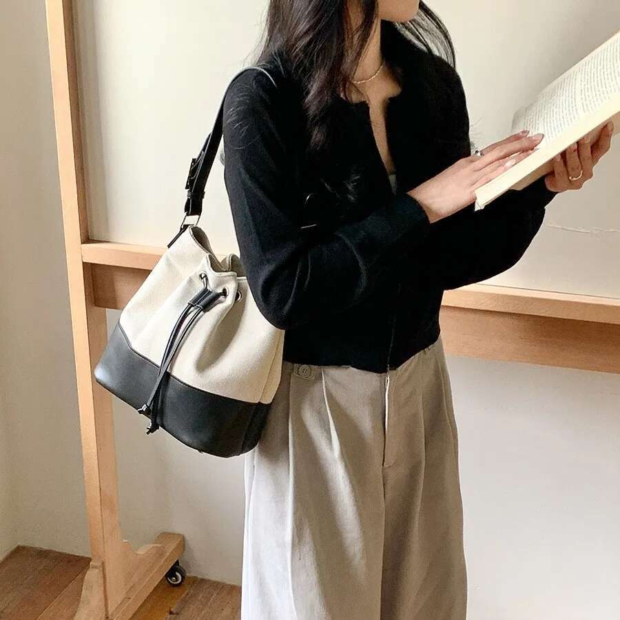 Patchwork Canvas Women Bucket Shoulder Bag Brand Design Drawstring Ladies Handbag Designer Female Large Totes Bolsas