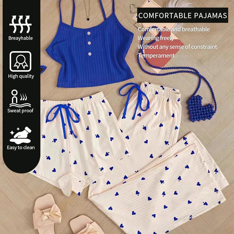 Three piece printed vest shorts and collar drawstring pants casual womens cute heartshaped print with family pajamas set 250409